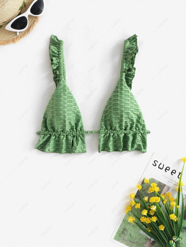 Honeycomb Textured Ruffle Bikini Top M Deep green