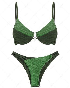 Honeycomb Textured Two Tone O Ring Underwire Bikini Swimwear Green