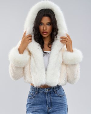 Hooded Faux Fur Coat In White Eco-friendly Winter Cropped Jacket For Women 2025