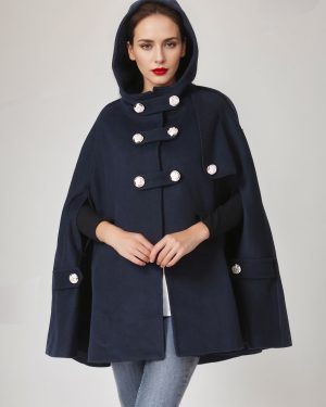 Hooded Wool Blend Cape Coat Dark Navy Double-breasted Oversized Winter Poncho For Women 2025
