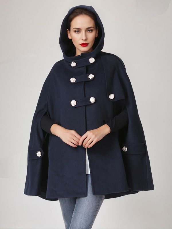 Hooded Wool Blend Cape Coat Dark Navy Double-breasted Oversized Winter Poncho For Women 2025