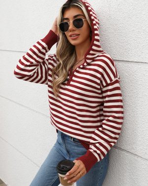 Hoodie For Woman Burgundy Long Sleeves Two-Tone Chains Acrylic Hooded Sweatshirt