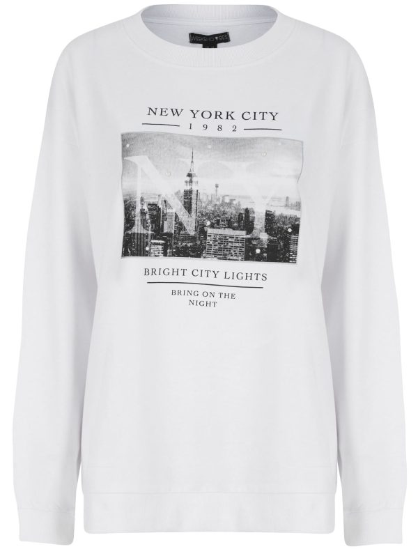 Hoodies / Sweatshirts Bright Lights NYC Motif Crew Neck Sweatshirt in Optic White - Weekend Vibes / 14/L - Tokyo Laundry
