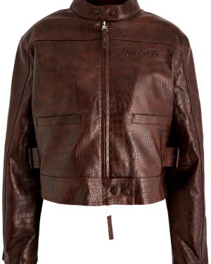 House OF Sunny Take A Trip Crocodile-effect Faux Leather Jacket - Chocolate - 12 (UK12 / M)