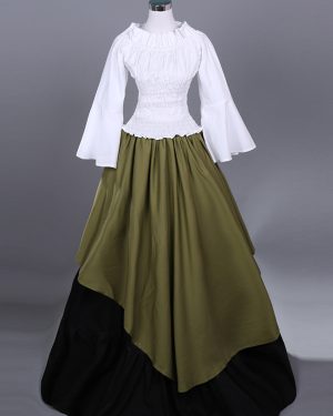 Hunter Green Retro Costumes Women's Color Block Pleated Ruffles Polyester Set Top Skirt Marie Antoinette Costume Retro Vintage Clothing