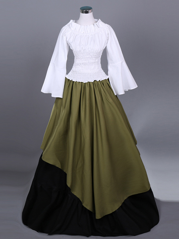 Hunter Green Retro Costumes Women's Color Block Pleated Ruffles Polyester Set Top Skirt Marie Antoinette Costume Retro Vintage Clothing