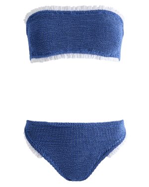 Hunza G - Tracey Ruffled Seersucker Bandeau Bikini, Blue, One Size, Strapless, Ruffled Trims, Machine Wash, Hunza G Tracey