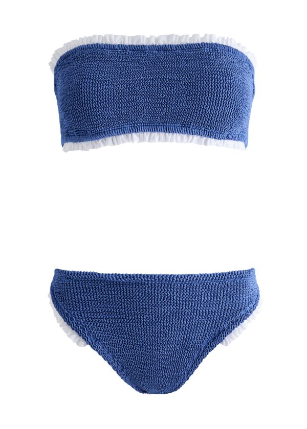 Hunza G - Tracey Ruffled Seersucker Bandeau Bikini, Blue, One Size, Strapless, Ruffled Trims, Machine Wash, Hunza G Tracey
