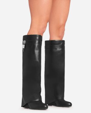 I-Am-The-One Padlock Detail Wedge Heel Knee High Long Boot In Black Faux Leather, Women's Size UK 3