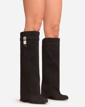 I-Am-The-One Padlock Detail Wedge Heel Knee High Long Boot In Black Faux Suede, Women's Size UK 3