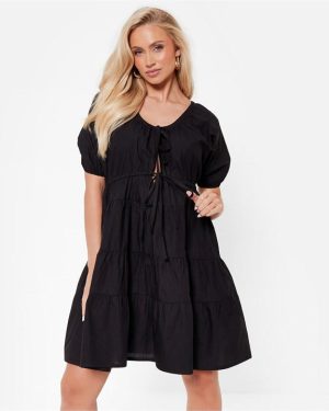 I Saw It First Tie Front Poplin Smock Dress - Black
