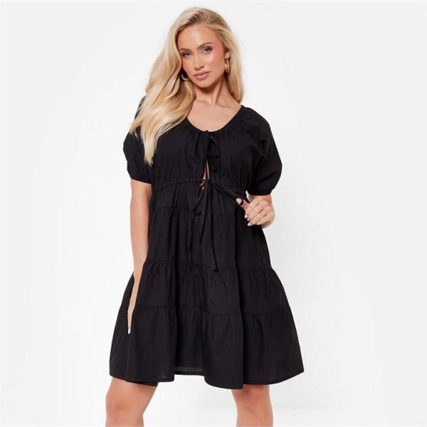 I Saw It First Tie Front Poplin Smock Dress - Black