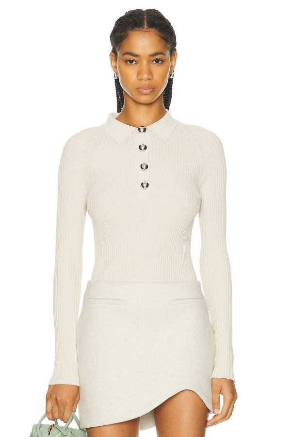ILA Milan Polo Neck Ribbed Knit Top in Stone - Beige. Size 34 (also in 38, 40).