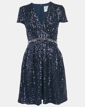 INGIE Paris Navy Blue Sequin V-Neck Mini Dress S