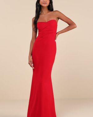 Iconic Arrival Red Strapless Bustier Mermaid Maxi Dress