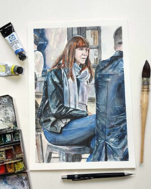 Impressionistic Portrait Watercolour By Neil Wrynne, 21 X 30Cm, Leather Jackets