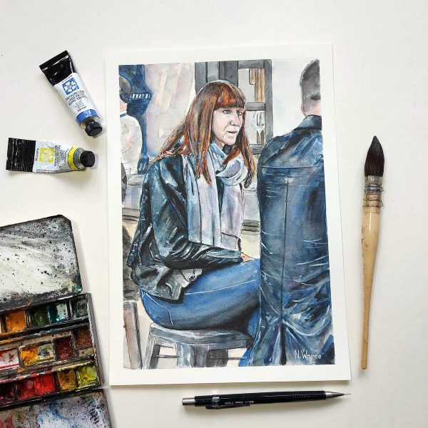 Impressionistic Portrait Watercolour By Neil Wrynne, 21 X 30Cm, Leather Jackets