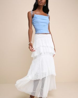 Impressively Darling Ivory Mesh Lace Tiered Midi Skirt