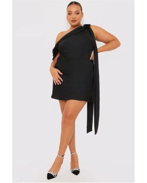 In The Style Black Satin Asymmetric Neckline Mini Dress