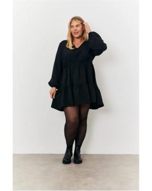 In The Style Black V Neck Tiered Balloon Sleeve Smock Dress