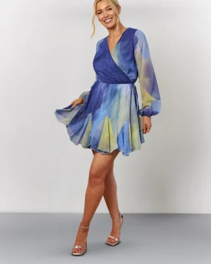 In The Style Blue Abstract Print Chiffon Wrap Godet Frill Mini Dress - 16