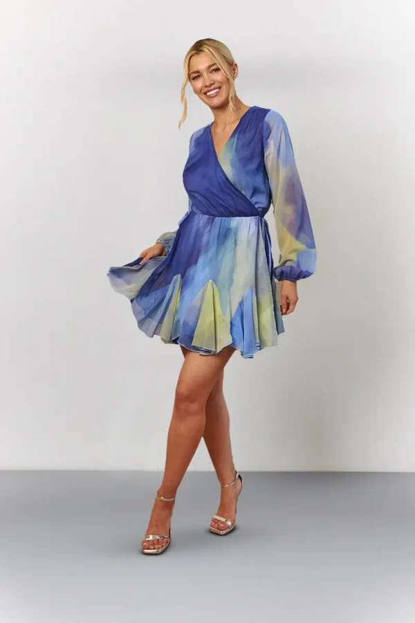 In The Style Blue Abstract Print Chiffon Wrap Godet Frill Mini Dress - 16
