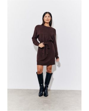 In The Style Chocolate Belted Knitted Jumper Dress - Brown