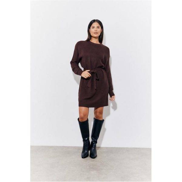 In The Style Chocolate Belted Knitted Jumper Dress - Brown
