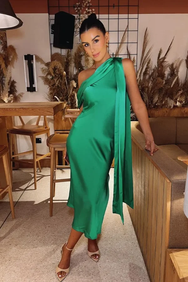 In The Style Green Satin Asymmetric Neckline Midi Dress - 16