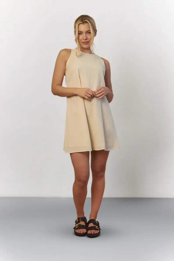 In The Style Linen High Neck Sleeveless Smock Mini Dress in Stone - 8