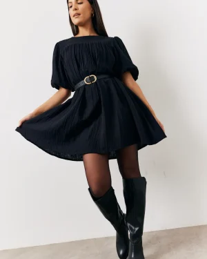 In The Style Recycled Textured Puff Sleeve Smock Mini Dress in Black - 8