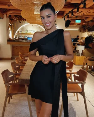 In The Style Satin Asymmetric Neckline Mini Dress in Black - 8