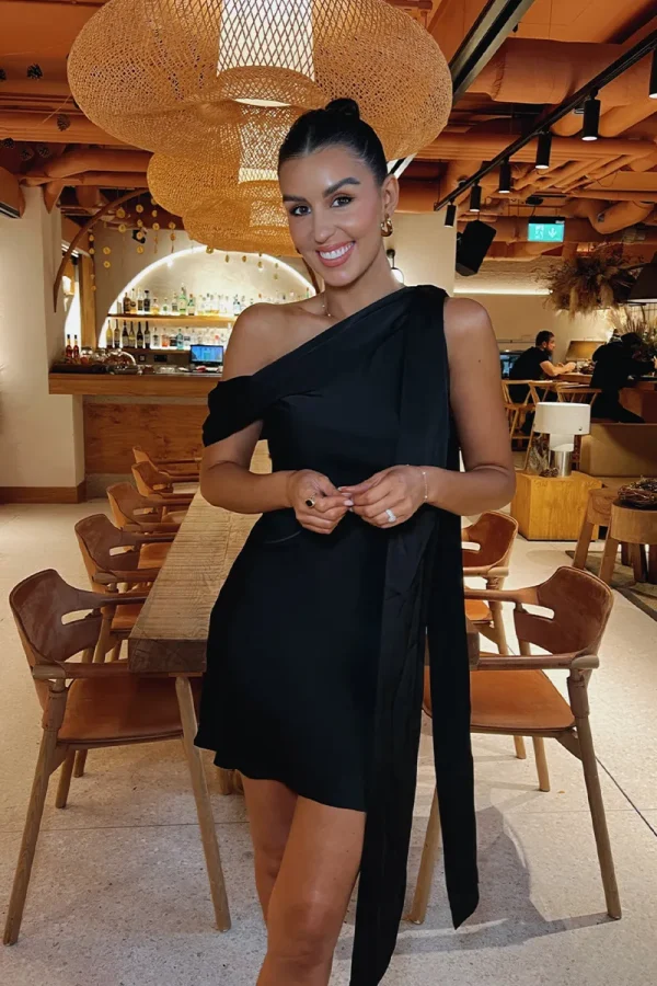 In The Style Satin Asymmetric Neckline Mini Dress in Black - 8