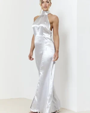 In The Style Silver Liquid Satin Halterneck Split Detail Maxi Dress - 16