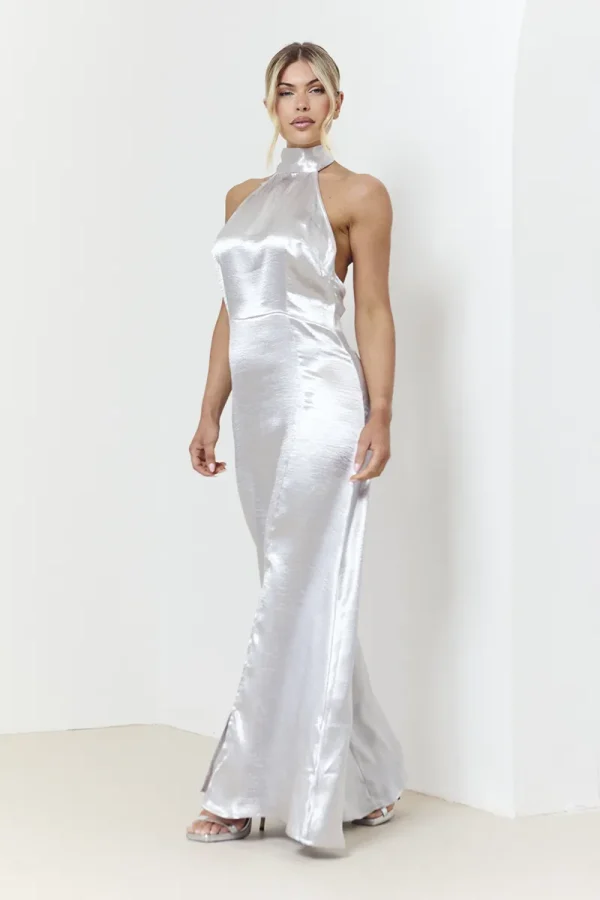 In The Style Silver Liquid Satin Halterneck Split Detail Maxi Dress - 16