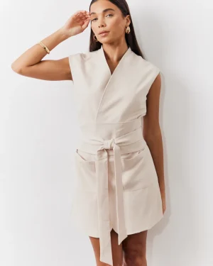 In The Style Structured Pocket Detail Belted Mini Dress in Cream - 8