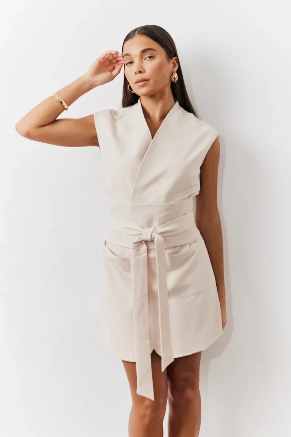 In The Style Structured Pocket Detail Belted Mini Dress in Cream - 8