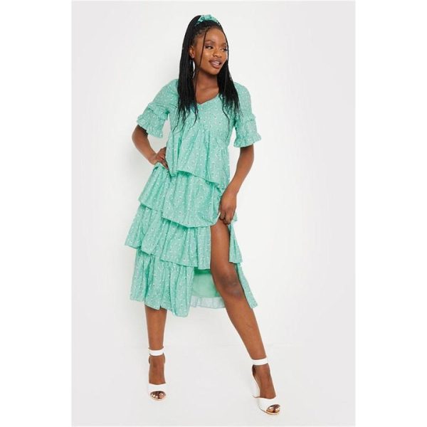 In The Style The Style Floral Split Frill Midi Dress - Green