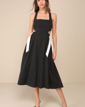 Incredibly Sweet Black Cutout Bow Sleeveless Midi Skater Dress