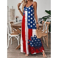 Independence Day Women's Patriotic Fourth of July Maxi Dress A Line Dress Slip Dress Vacation Casual Outdoor Going out Regular Fit Graphic American Flag Sleeveless V Neck Spaghetti Strap Blue