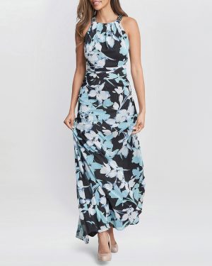 Irina Printed Halter Neck Maxi Dress With Embellished Neckline
