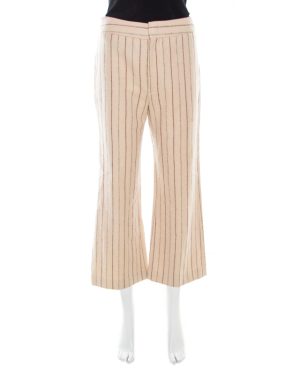 Isabel Marant Beige Striped Linen and Wool Flared Keroan Cropped Pants S