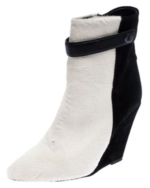 Isabel Marant Black/White Pony Hair and Suede Wedge Ankle Boots Size 38