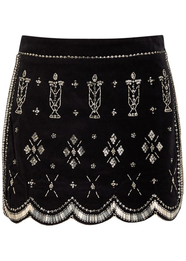 Isabel Marant Handore Beaded Velvet Mini Skirt - Black And Silver - 36 (UK8 / S)