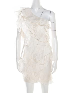 Isabel Marant Off White Floral Patterned Silk Ruffled Tiered One Shoulder Dress S