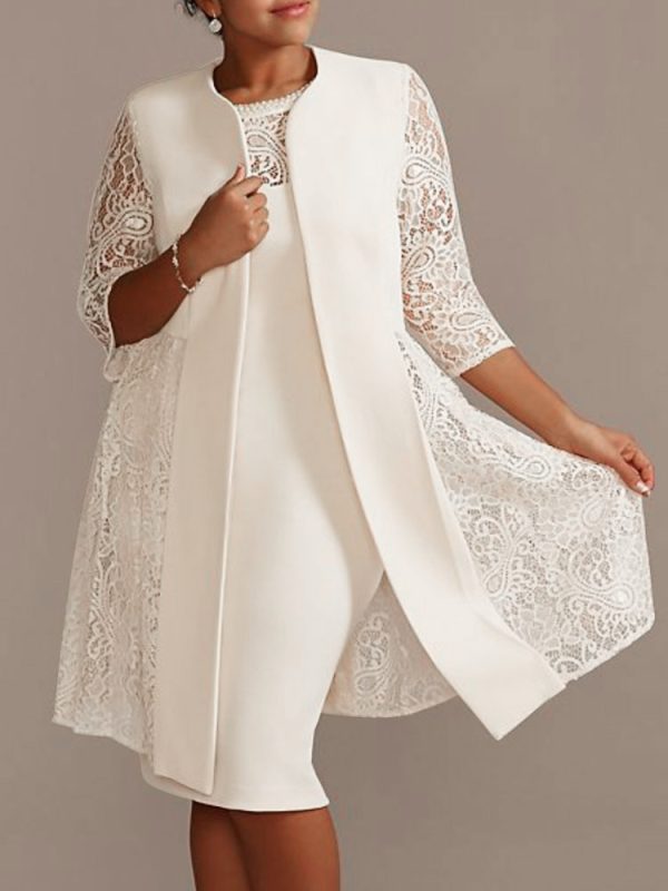 Ivory Mother Dress Lace Satin Fabric Half Sleeves Overcoat Jewel Neck Sleeveless Sheath Short Wedding Guest Dresses Outfit