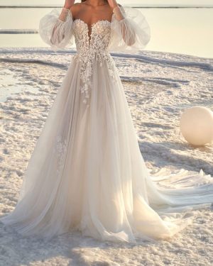 Ivory Simple Wedding Dress With Train A-Line Off-The-Shoulder Long Sleeves Backless Lace Bridal Gowns