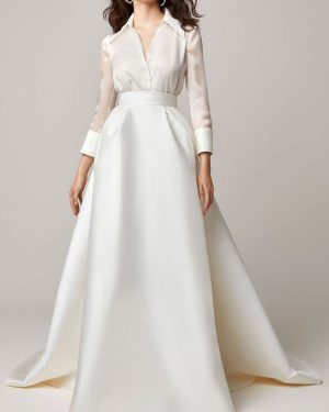 Ivory Two-piece Wedding Dress Satin Fabric V-Neck A-Line With Train Zipper Long Sleeves Bridal Outfits Free Customization