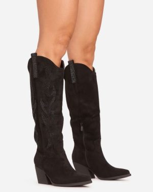 Izzy Diamante Detail Pointed Toe Knee High Western Cowboy Boot In Black Faux Suede, Women's Size UK 5