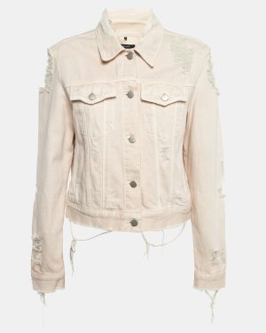 J Brand Cream Distressed & Ripped Denim Buttoned Jacket L